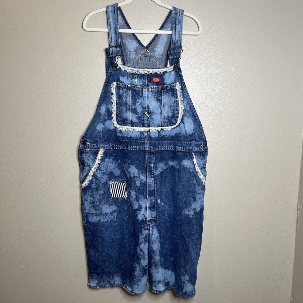 Dickies Denim Overalls Shorts Lace Bleach Patchwork Crochet Art To wear Teacher‎